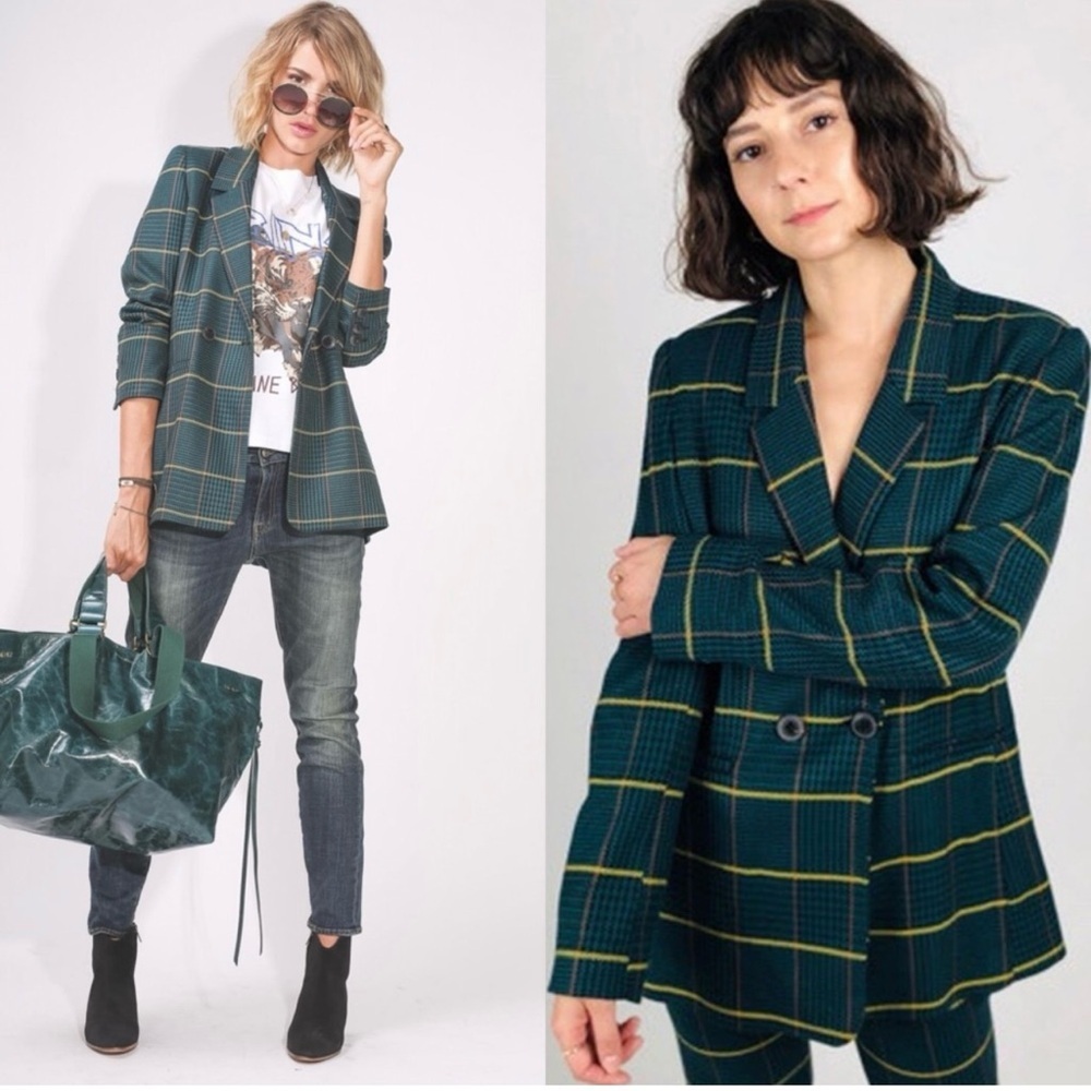 Anine Bing Madeline Blazer In Green Plaid Size Medium